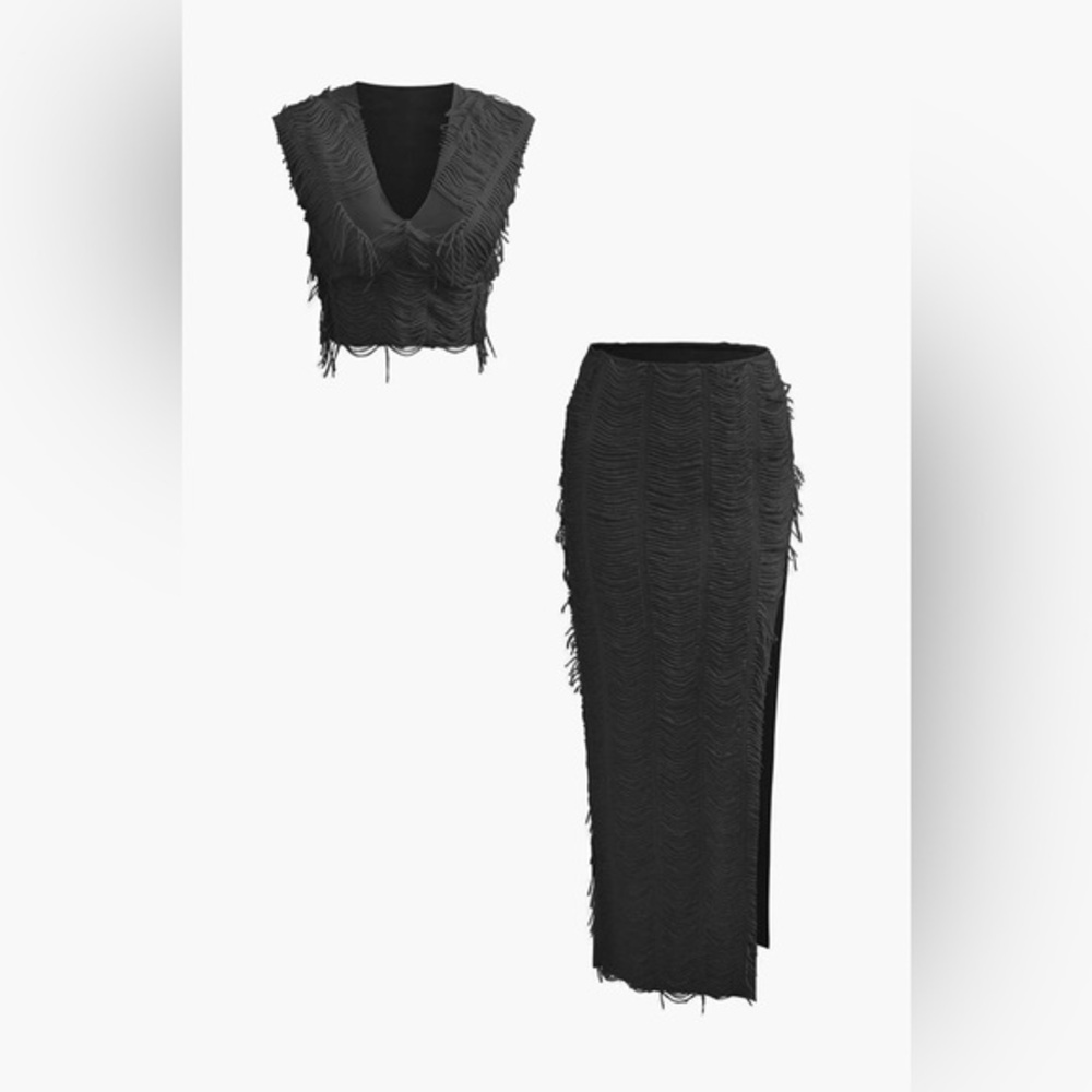 Micas Distressed V-neck Cap Sleeve Crop Top And Slit Maxi Skirt Set LP-32 S